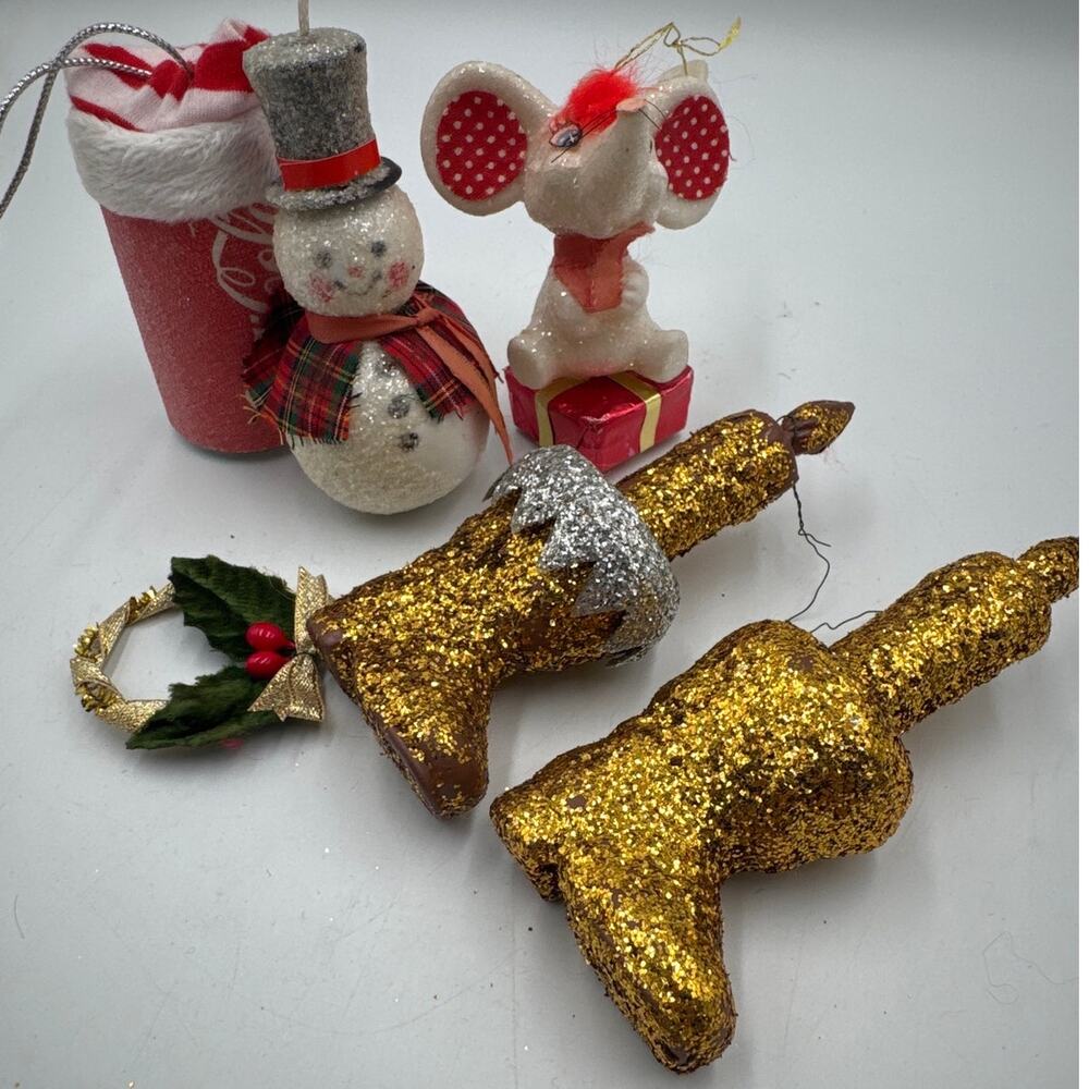 Vintage Christmas Ornaments Lot of 5 Sparkle Glitter Grannycore MCM Retro Craft